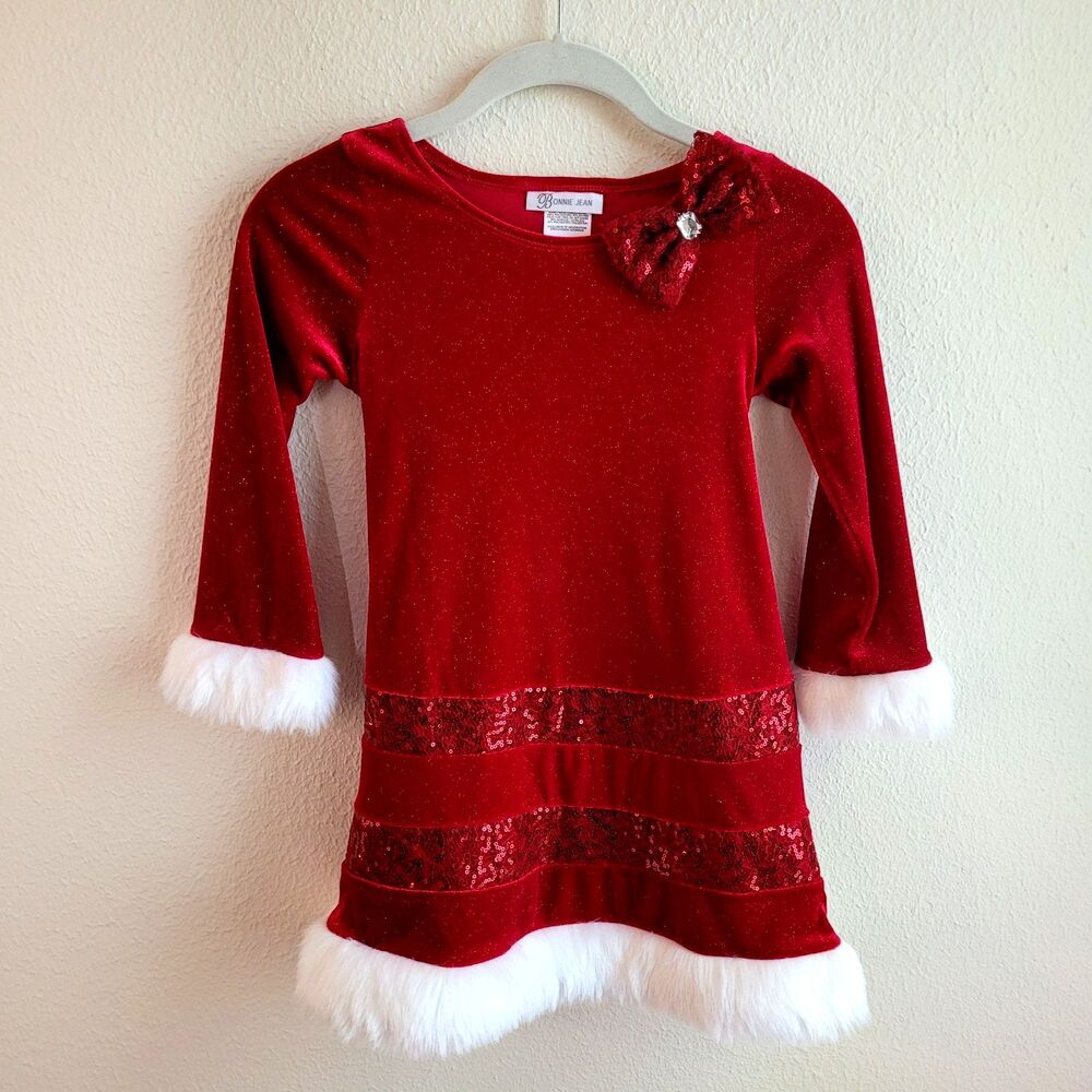 Bonnie Jean Dress Girls Sz 6 Christmas Red Faux Fur Holiday Sequin Sparkle
